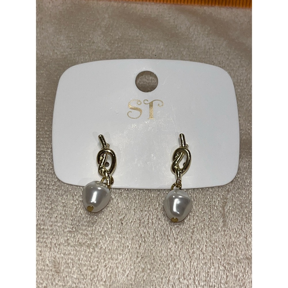 Gold Tone Love Knot Drop Faux Pearl Post Earrings